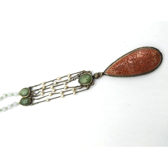 Vintage RARE Monet Faux Cinnabar Pendant Necklace Asian Revival Jade Pearl 70s - Picture 3 of 7
